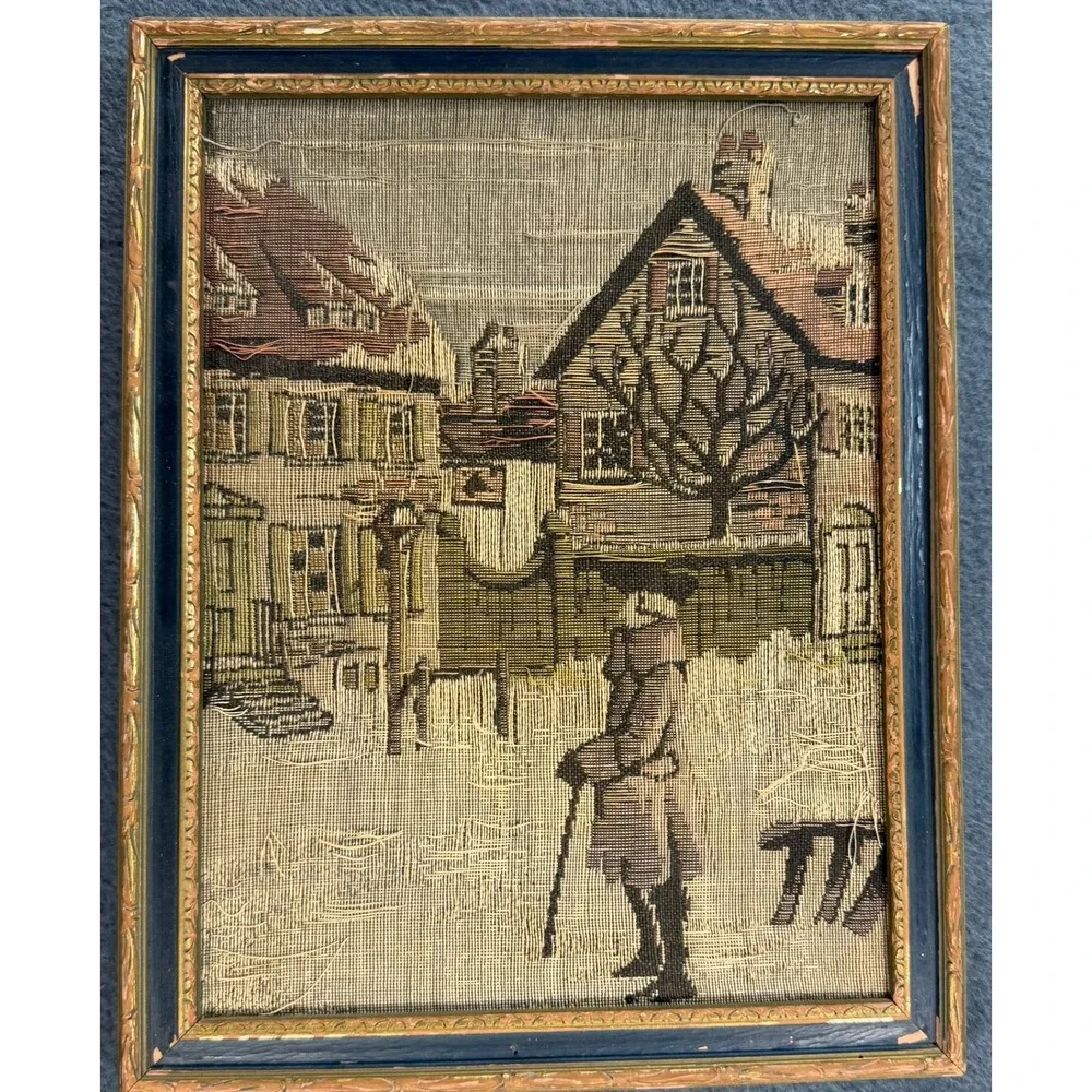 1920 Antique La France Art Company Jacquard Woven Tapestry Winter‎ Village Scene